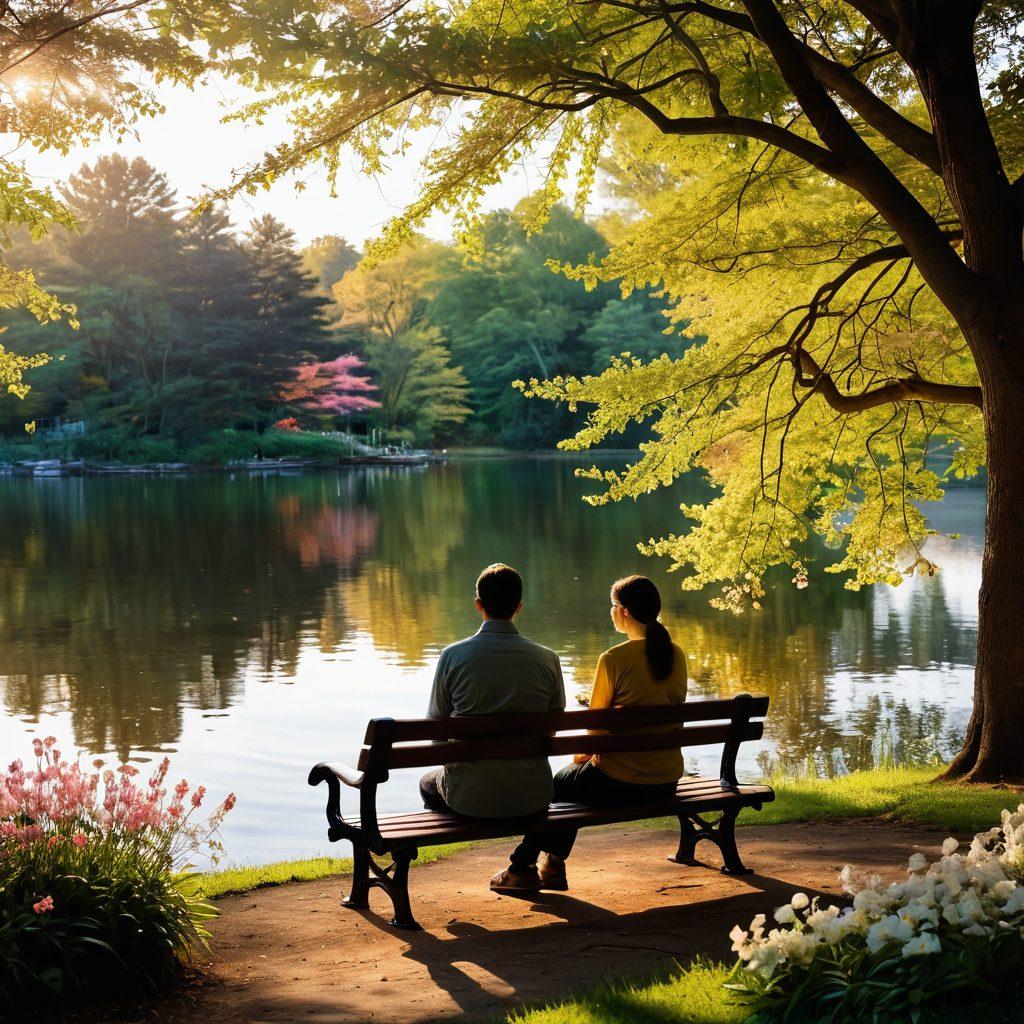 A warm, intimate scene of two people sitting together on a park bench, sharing a heartfelt conversation, surrounded by blooming flowers and gently swaying trees. Soft golden light filters through the leaves, illuminating their smiling faces and intertwined hands, symbolizing connection and love. The background features a serene lake with ducks, enhancing the tranquility of the moment. super-realistic. vibrant colors. soft focus.