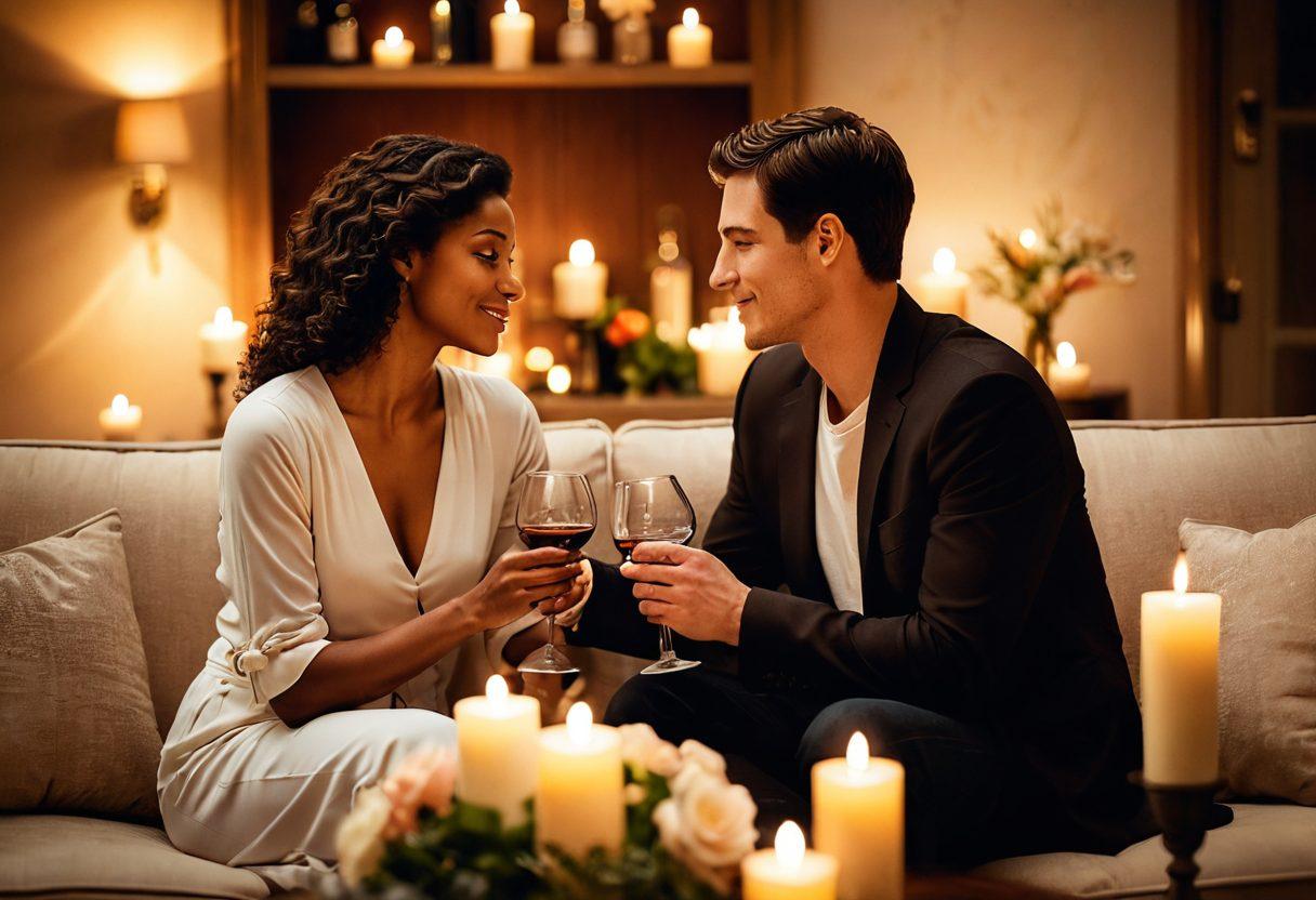 A warm, intimate setting featuring a couple engaged in a heartfelt conversation, surrounded by soft lighting and romantic decor like candles and flowers. The focus should be on their expressions that convey connection and understanding, highlighting body language and eye contact. Include elements like a cozy sofa and a glass of wine to enhance the romantic atmosphere. super-realistic. warm tones. soft background.
