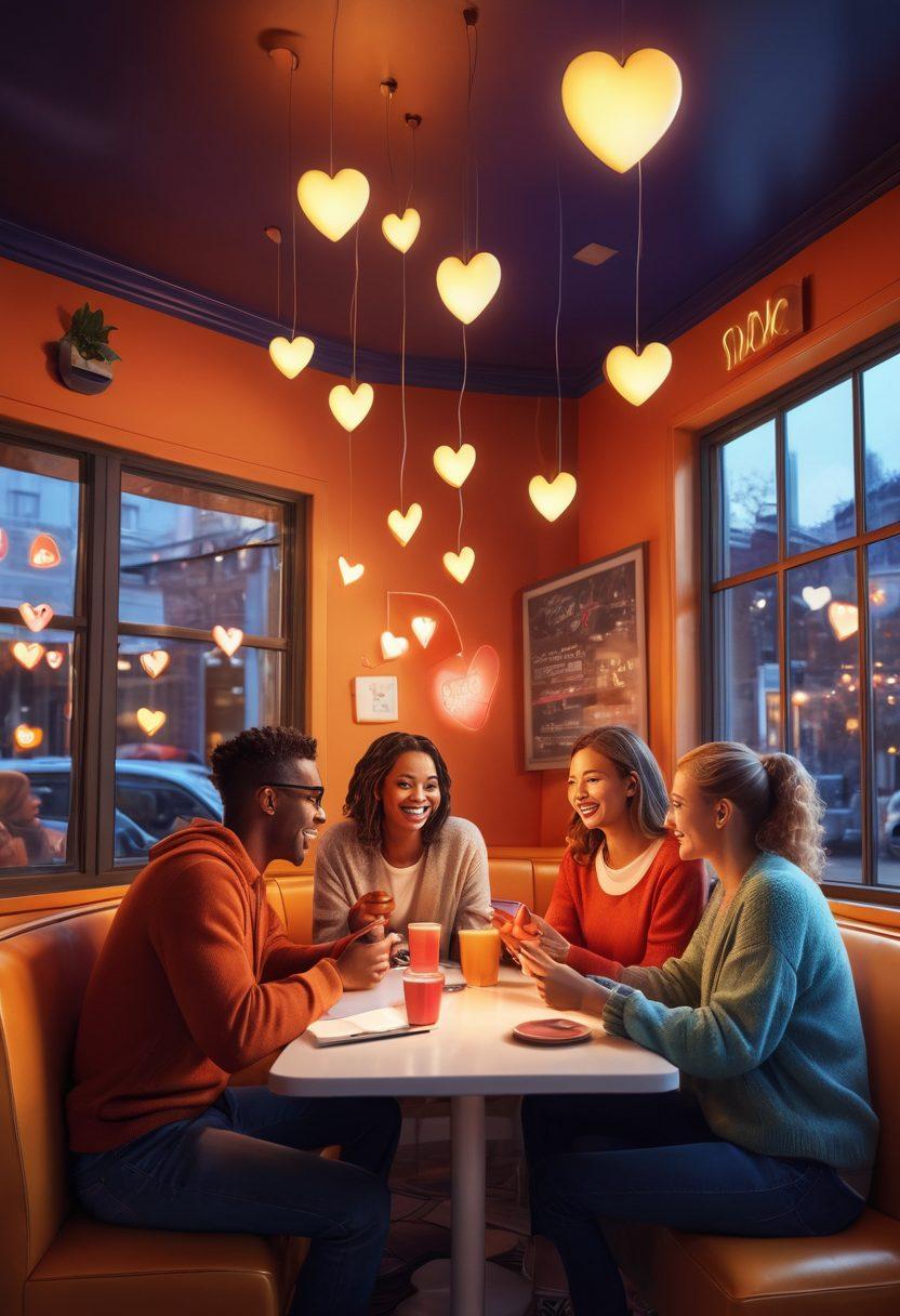A digital illustration showing a diverse group of people engaging in conversation at a cozy cafe, surrounded by floating social media icons symbolizing connections. The scene captures warmth and intimacy, highlighting their shared laughter and connection through smartphones. Soft ambient lighting enhances the romantic atmosphere, with vibrant colors portraying joy and engagement. Include playful elements like love hearts and chat bubbles to symbolize relationships and communication. super-realistic. vibrant colors. cozy ambiance.